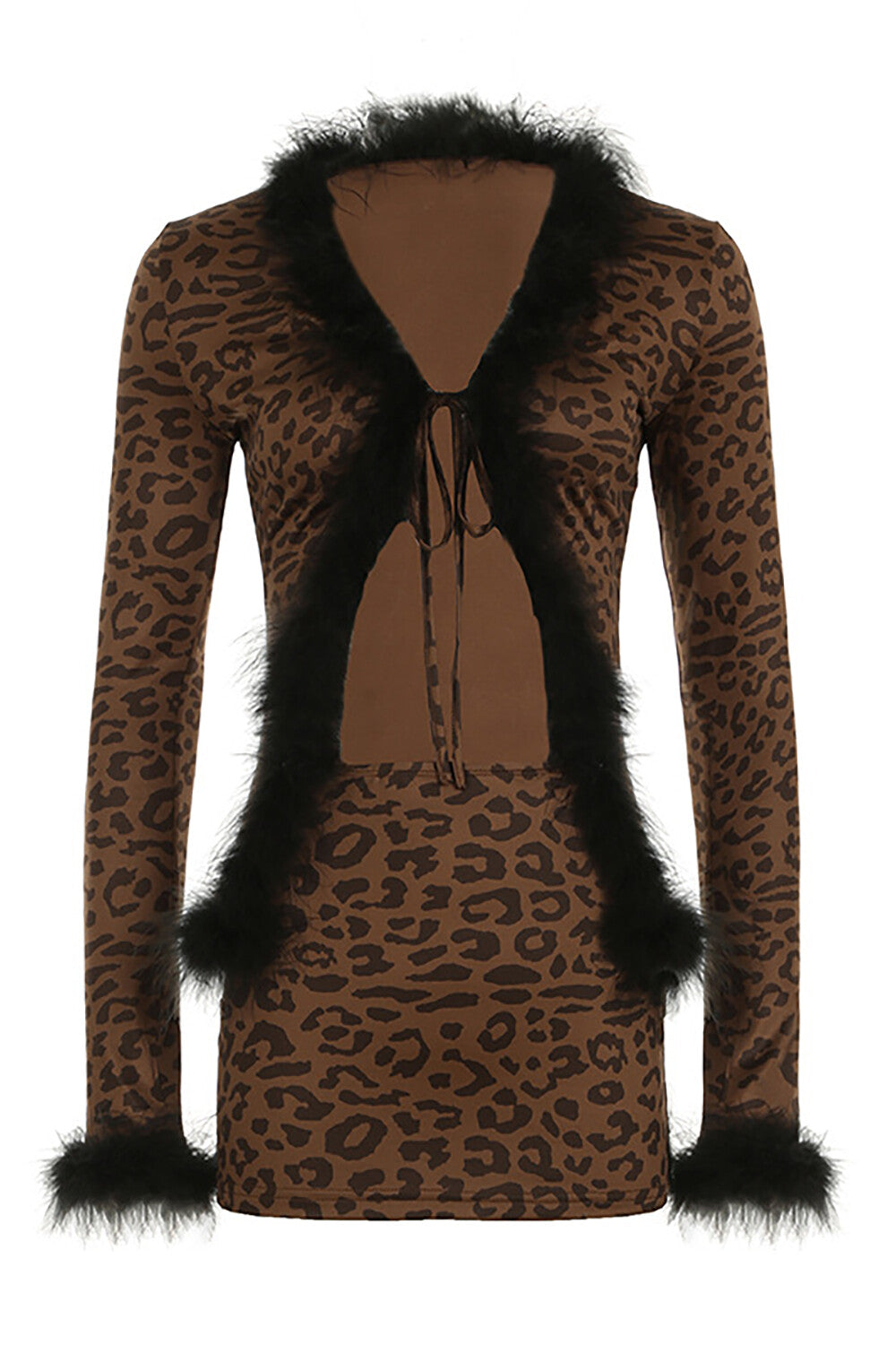 Faux Fur Trim Tie Up Long Sleeve Top Leopard Print Mini Skirt 2pcs Set-Brown