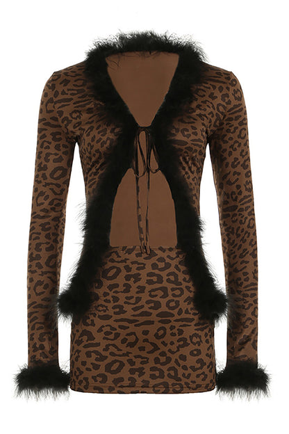 Faux Fur Trim Tie Up Long Sleeve Top Leopard Print Mini Skirt 2pcs Set-Brown
