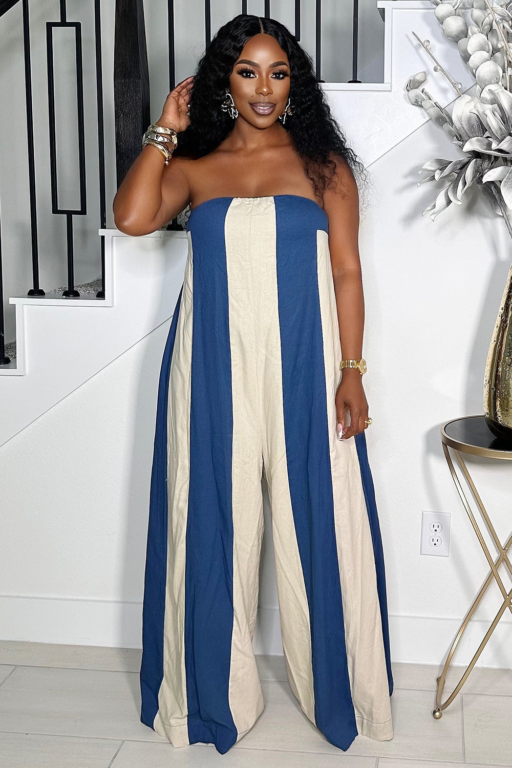 Strapless Colorblock Stripe Loose-Fit Wide Leg Jumpsuit-Blue [Pre Order]