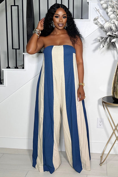 Strapless Colorblock Stripe Loose-Fit Wide Leg Jumpsuit-Blue [Pre Order]