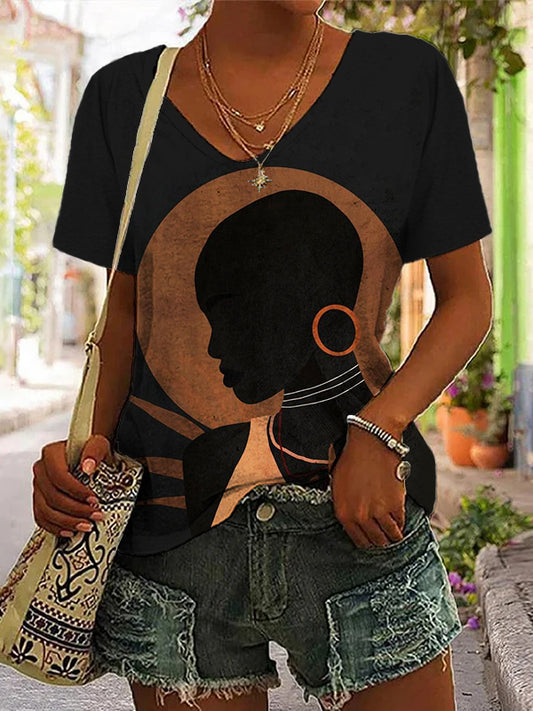 Women's Elegant Black Women Art Print Short Sleeve T-Shirt