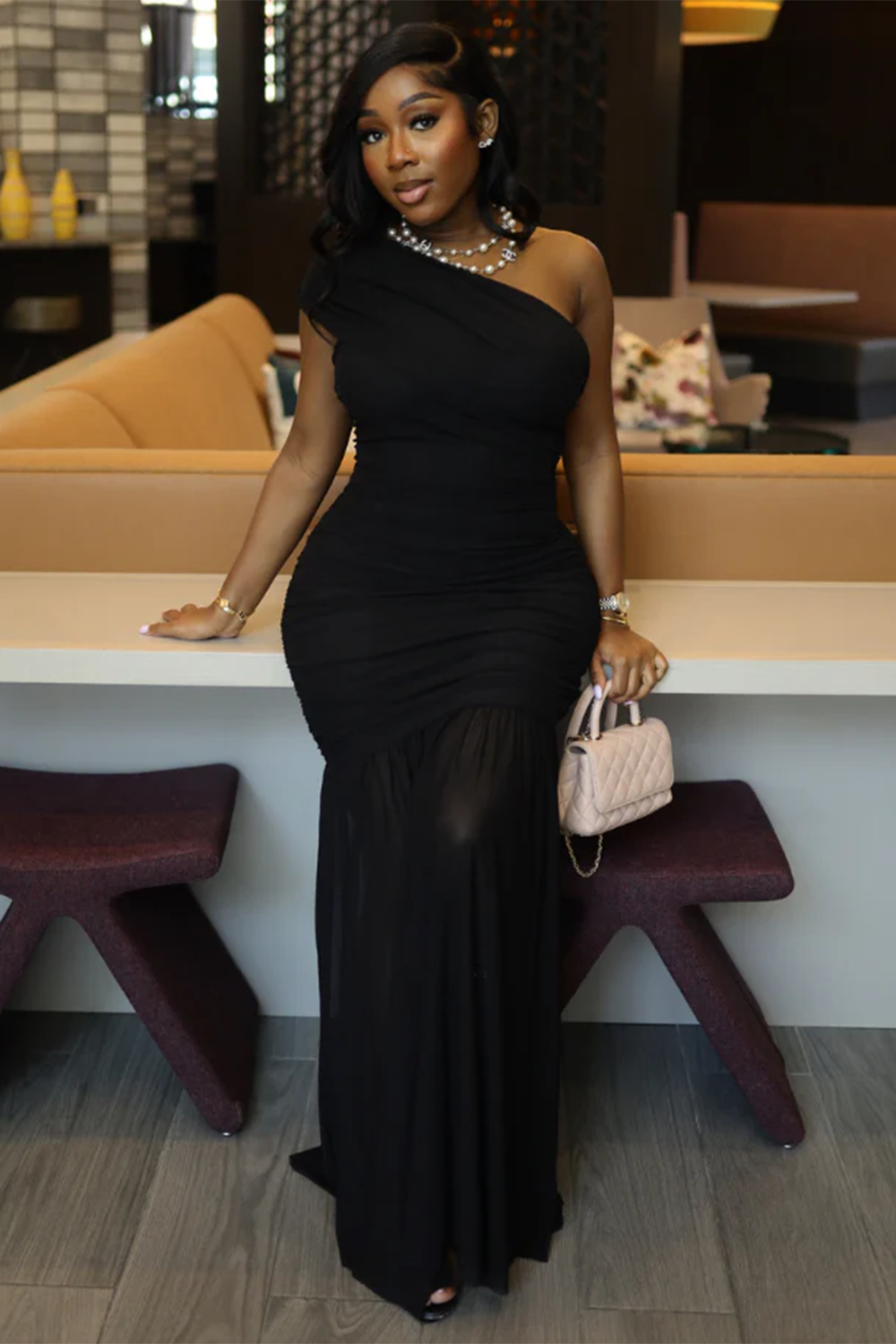 Wrinkle One Shoulder Sleeveless Party Maxi Fishtail Dresses-White [Pre Order]