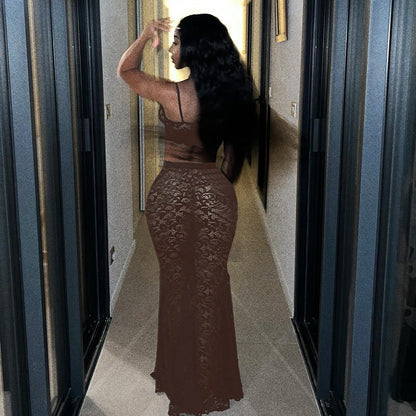 Sexy Cutout Sling Top Solid Color High Waist Skirt Lace Two Piece Suit