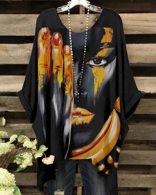 Round Neck African Princess Oil Painting Irregular Shirt