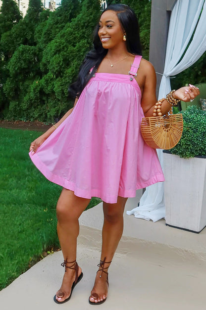 Square Neck Straps Loose-Fit Daily Mini Swing Dresses-Pink [Pre Order]
