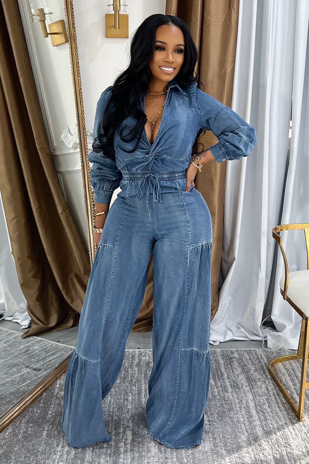 Twisted Blouse Elastic Drawstring Waist Jeans Denim 2pcs Set-Blue [Pre Order]