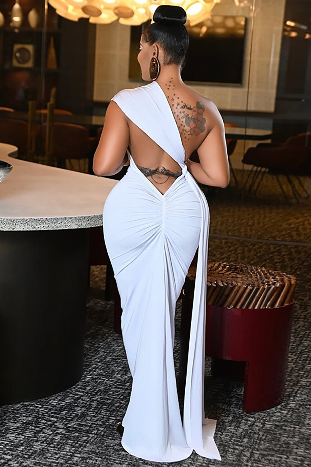 One Shoulder Bodycon Streamer Design Backless Gowns Maxi Dresses-White