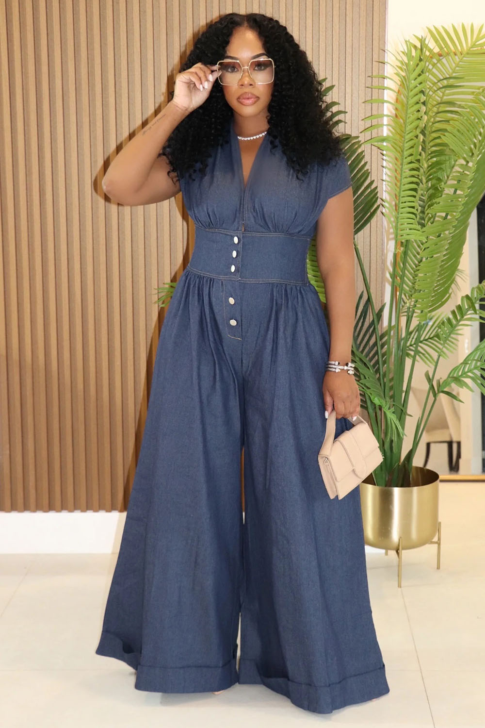 V Neck Cap Sleeve Cinched Daily Wide Leg Jumpsuit-Blue [Pre Order]