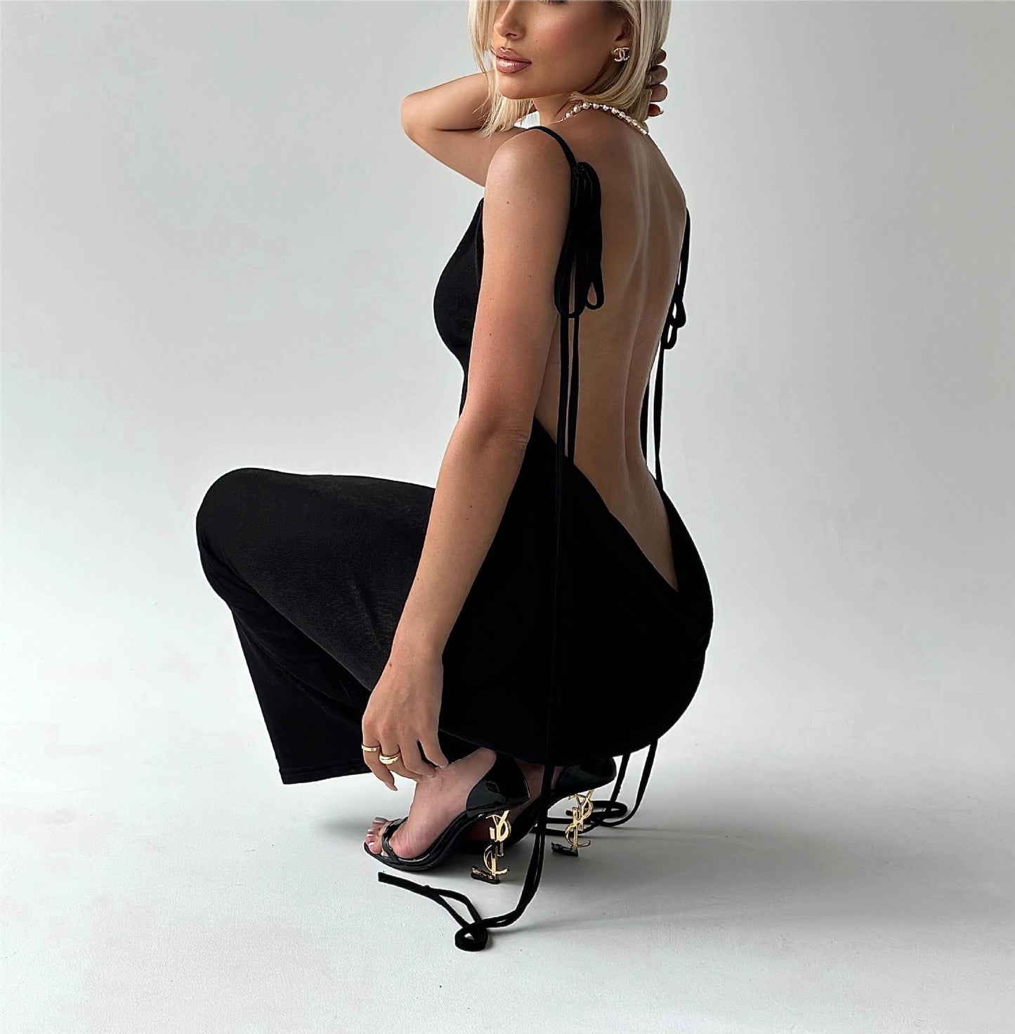 Sexy Backless Dress Summer Camisole Gown Lace-up Long Dress