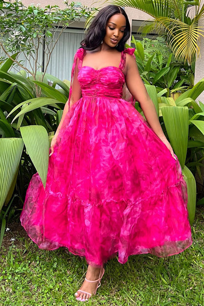 Ribbon Sleeveless Print Mesh Layer Vacation Maxi Dresses-Fuchsia [Pre Order]