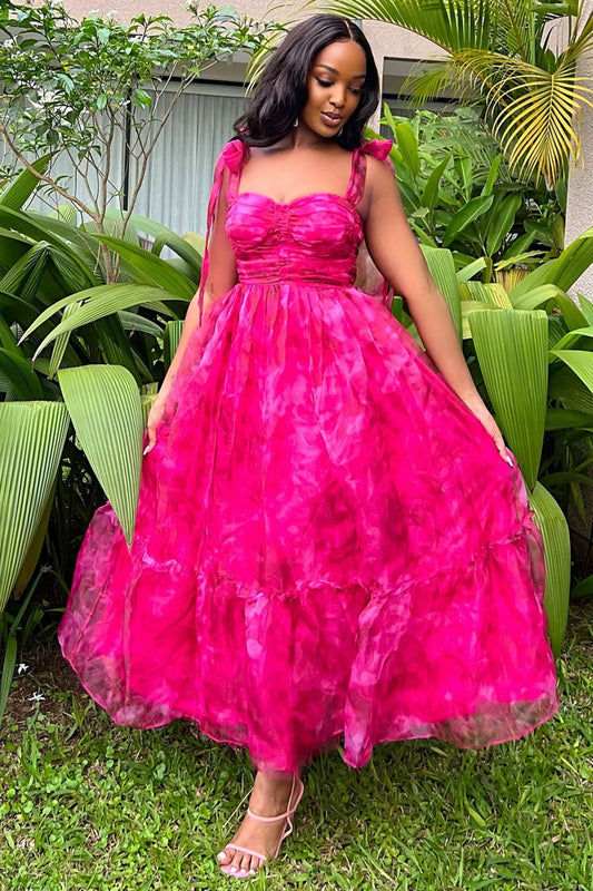 Ribbon Sleeveless Print Mesh Layer Vacation Maxi Dresses-Fuchsia [Pre Order]