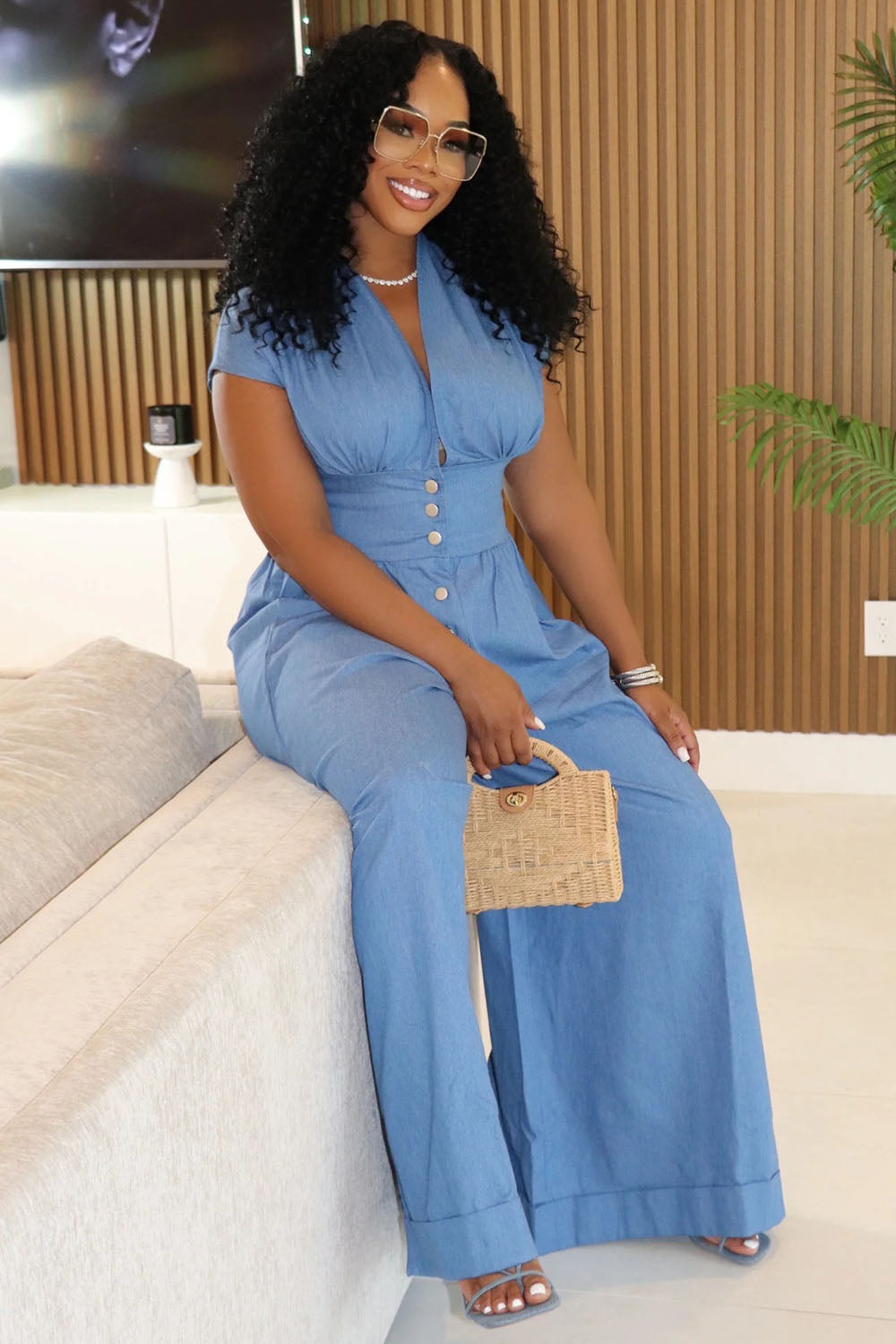 V Neck Cap Sleeve Cinched Daily Wide Leg Jumpsuit-Blue [Pre Order]