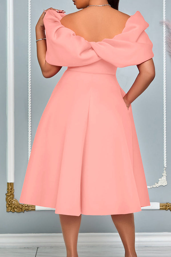 Elegant Solid Puff Sleeve A-line Dress