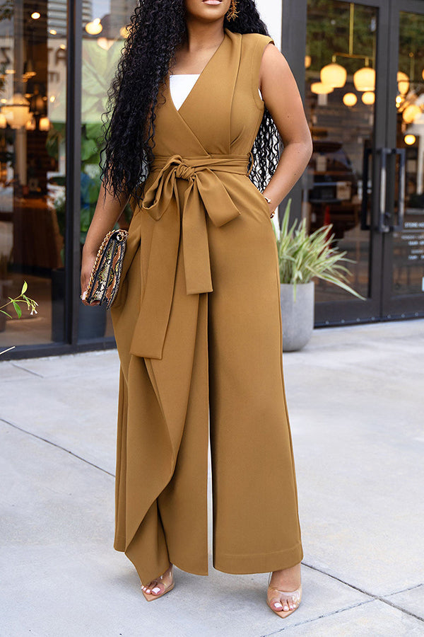 Stylish Surplice Front Belted Wide Leg Jumpsuit