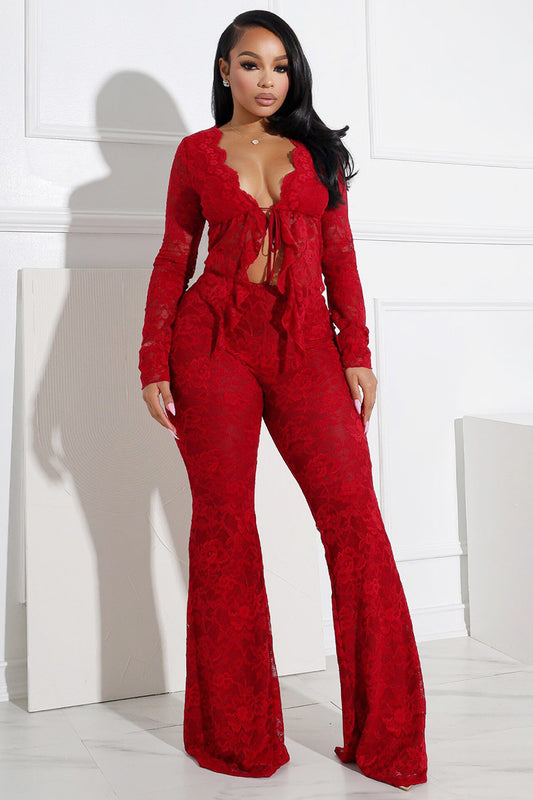 Jacquard Ruffle V Neck Top Flare Leg Pants Elegant 2pcs Set-Red [Pre Order]