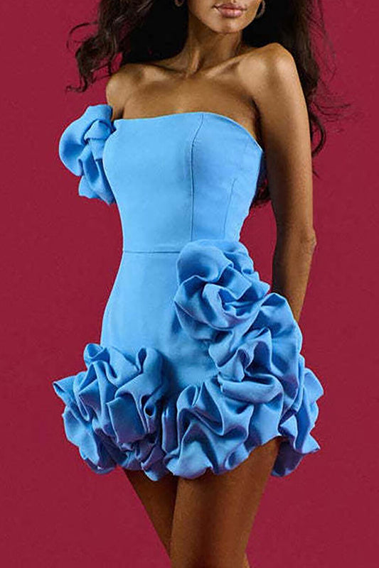 3D Petal Design Strapless Bodycon Party Mini Dresses-Blue