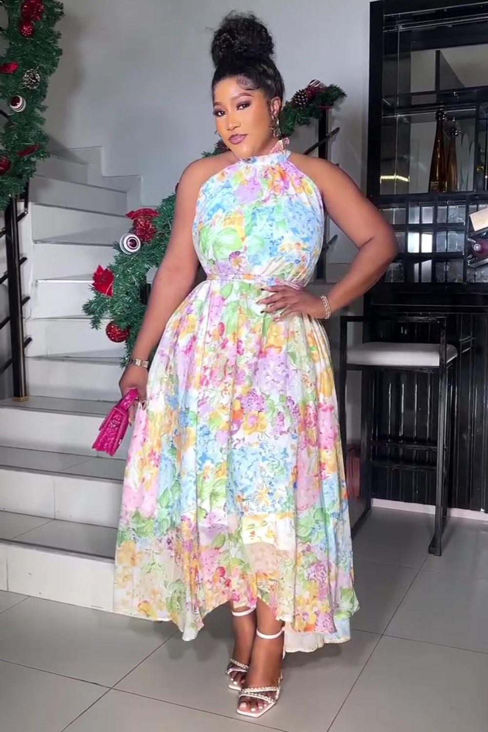 Halter Floral Print Cinch Waist Vacation Maxi Dresses-Multicolor [Pre Order]