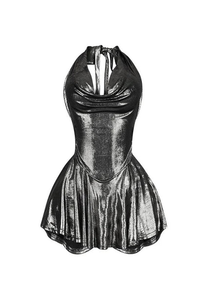 Plunging Halter Backless Metallic Party Mini Dresses-Gunmetal [Pre Order]
