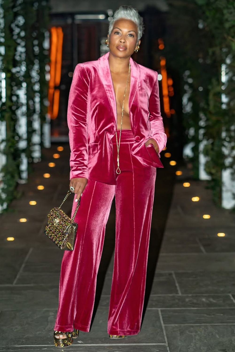One Button Blazer High-Rise Pants Party Velvet 2pcs Set-Fuchsia [Pre Order]