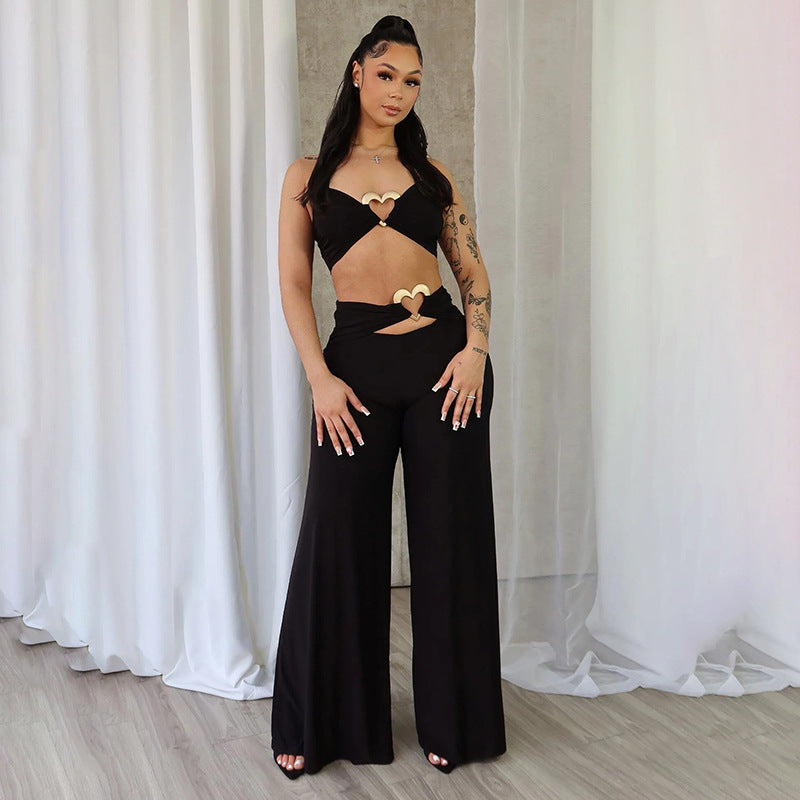 Sexy Hot Girl Love Metal Buckle Hollow Top Wide-Leg Casual Pants Two Piece Set
