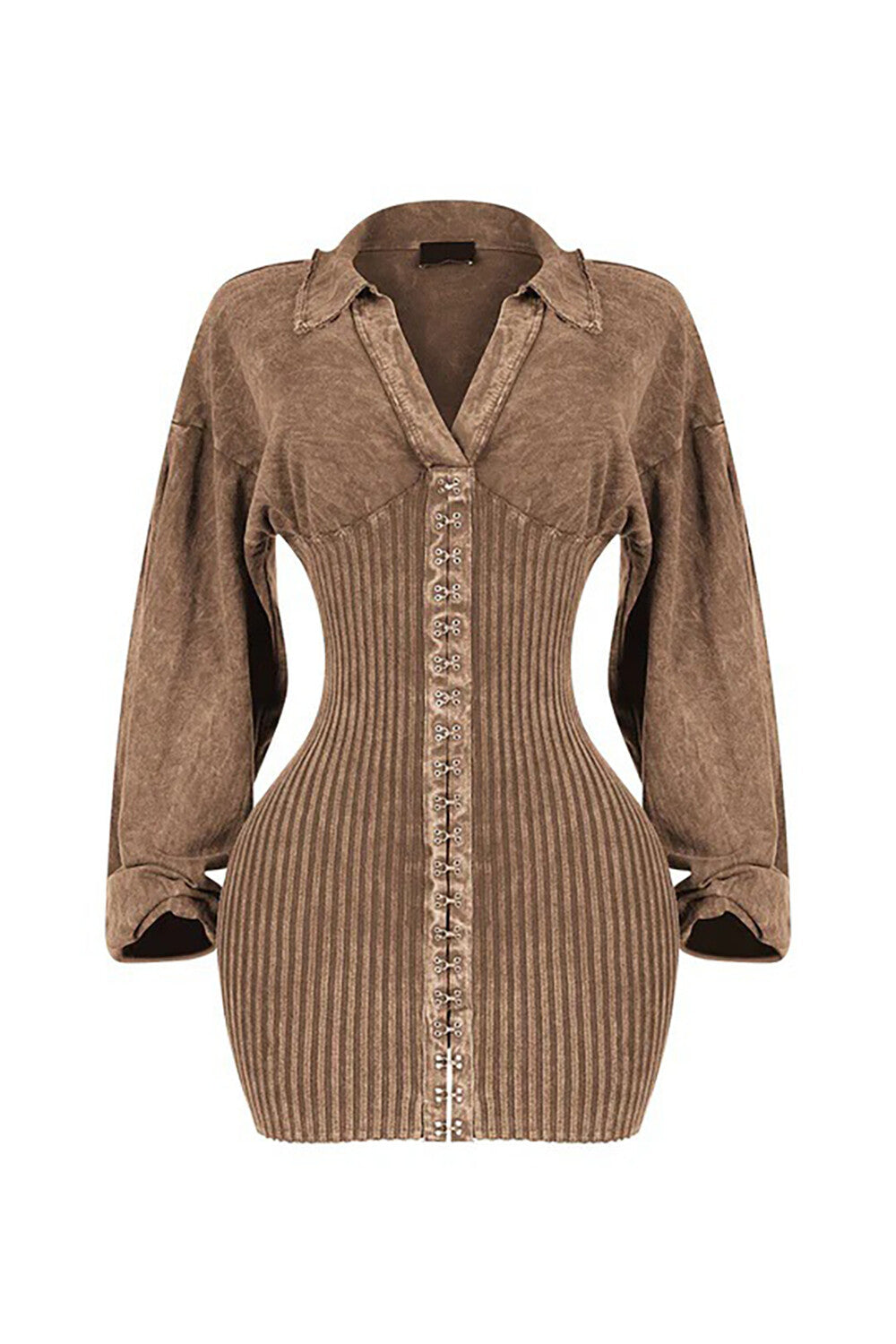 V Neck Long Sleeve Pleated Textured Patchwork Bodycon Mini Dresses-Coffee