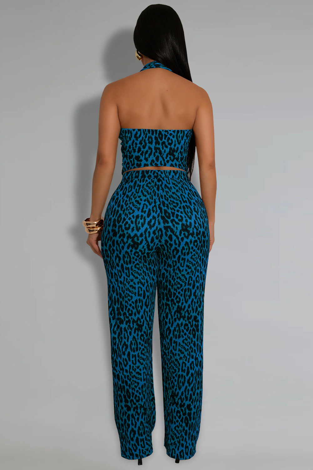 Leopard Print Halter Crop Vest High Waist Straight Leg Pants 2pcs Set-Blue