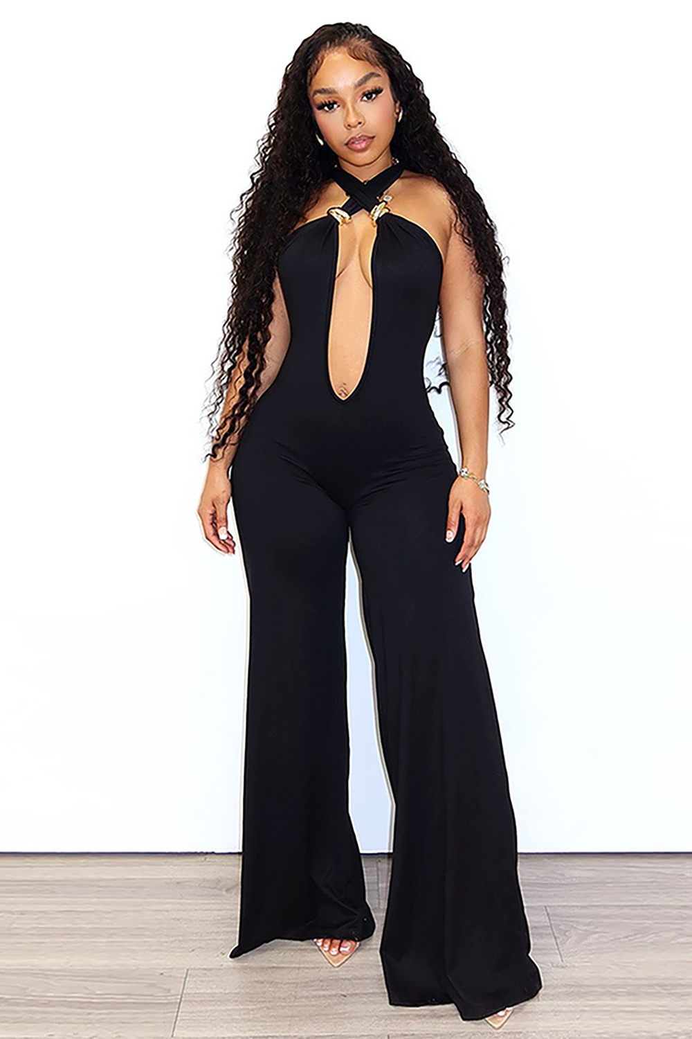 Halter Plunge Neck Wide Leg Solid Color Jumpsuit-Black