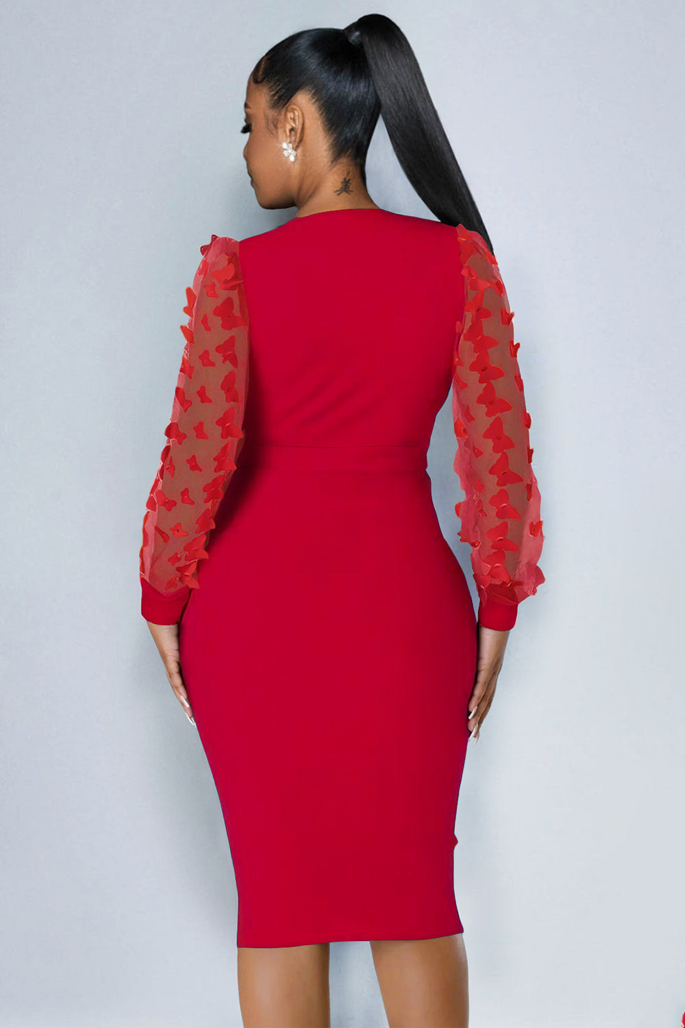 Butterflies Decor Mesh Long Sleeve V Neck Tie Up Bodycon Midi Dresses-White