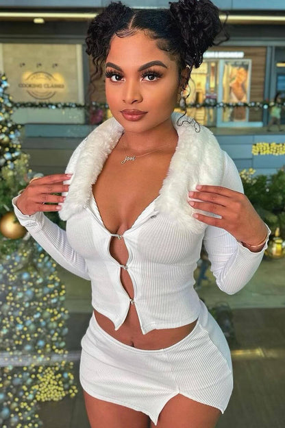 Fuzzy Turndown Collar Knit Button Up Crop Top Slit Mini Skirt 2pcs Set-White