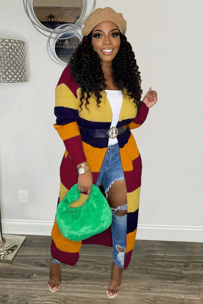 Colorblock Knit Long Sleeve Sweater Long Cardigan-Green