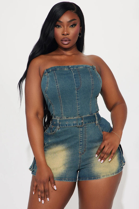 Boat Neck Strapless Belted Pockets Denim Casual Playsuit Romper-Blue