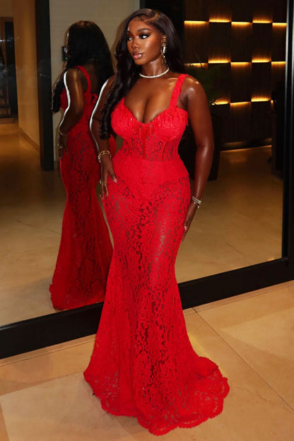 Lace See-Through Floor Length Party Maxi Fishtail Dresses-Red [Pre Order]