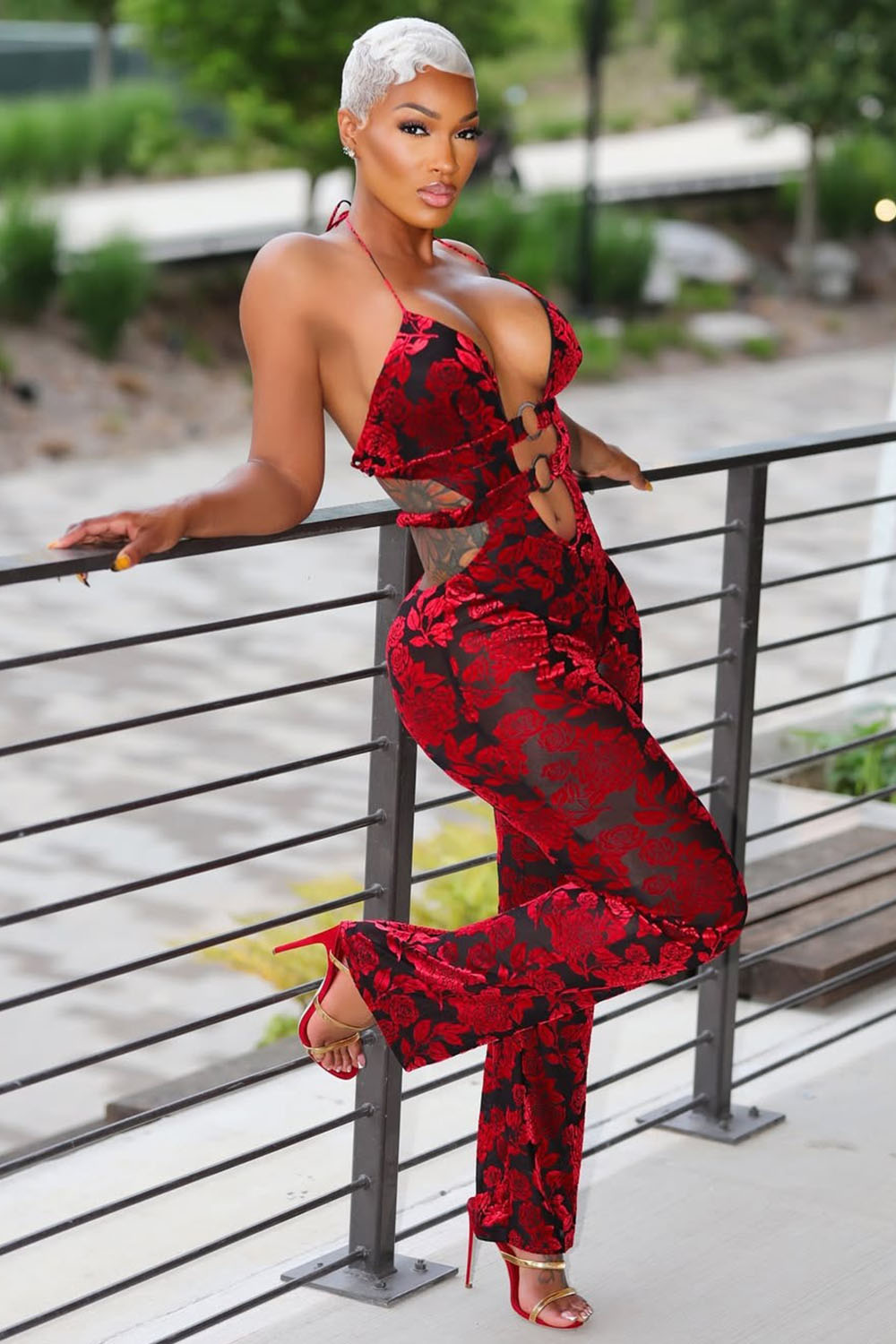 Floral Jacquard Halter Cutout Party Straight Leg Jumpsuit-Red [Pre Order]