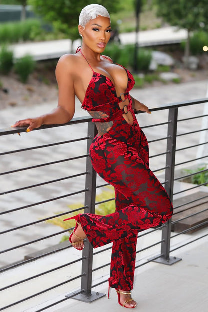 Floral Jacquard Halter Cutout Party Straight Leg Jumpsuit-Red [Pre Order]