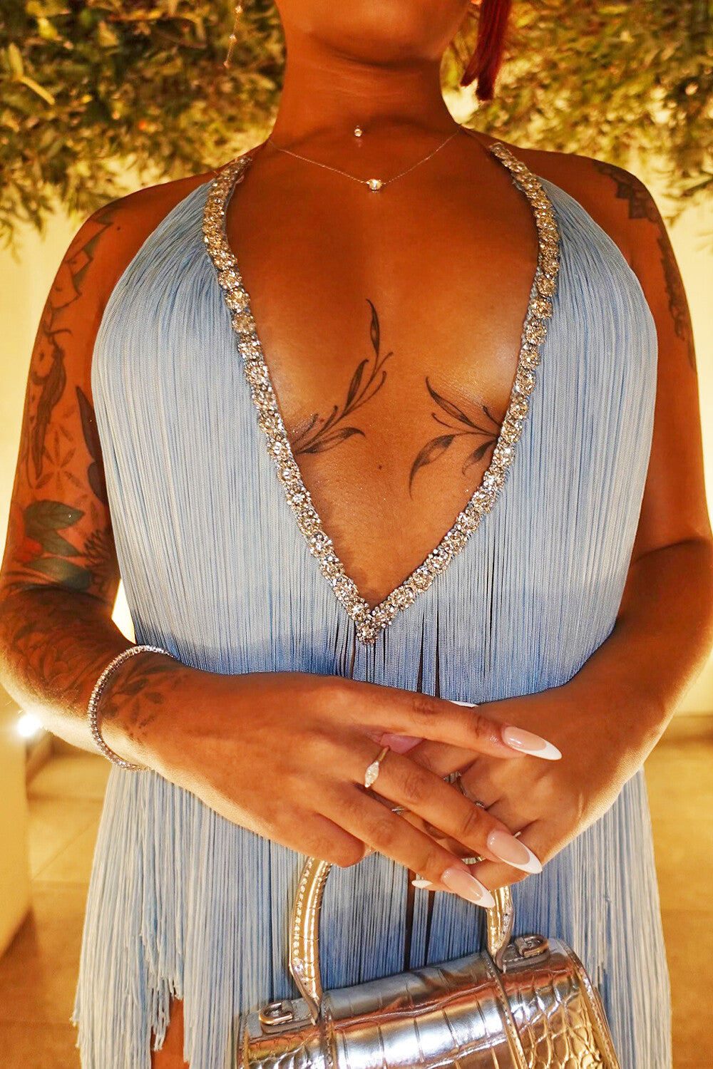 Rhinestone Trim Deep V Neck Halter Fringed Mini Dresses-LightBlue [Pre Order]