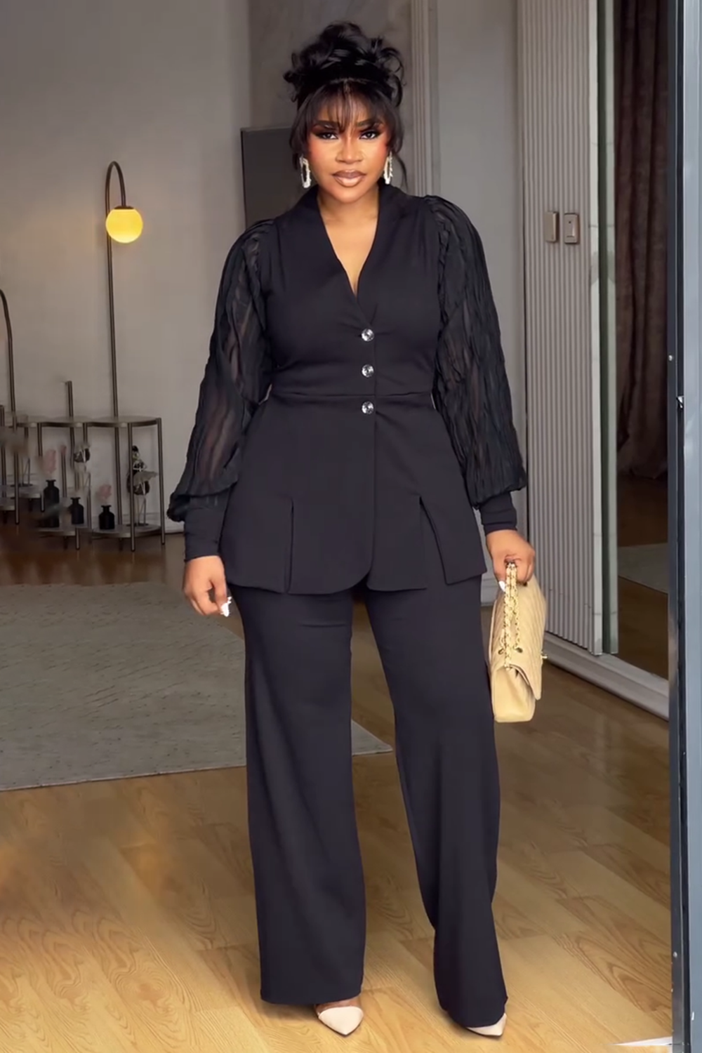 Guipure Lace Sleeve Button Up Top Dress Pants 2pcs Set-Black [Pre Order]