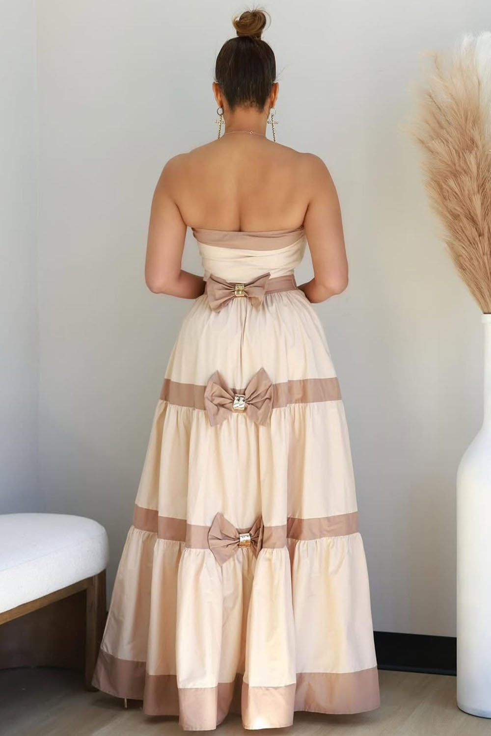Strapless Colorblock Bandeau Tiered Party Maxi Dresses-Beige [Pre Order]
