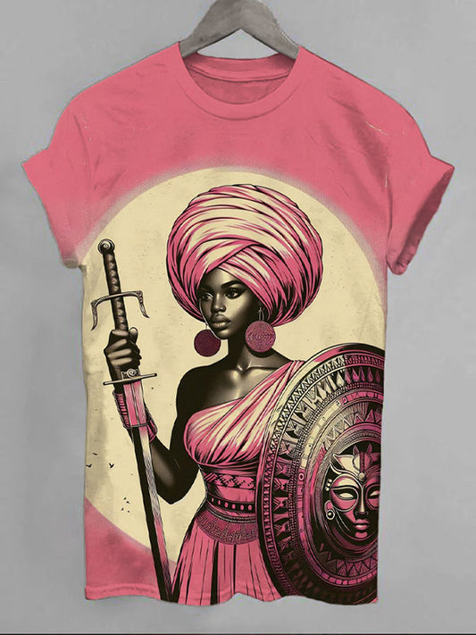 Women's Black Female Warrior Art Print Casual T-Shirt
