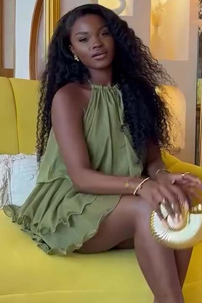 Layered Design Solid Color Halter Neck Mini Dresses-Green