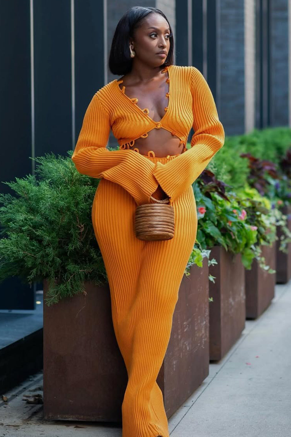 V Neck Cutout Long Sleeve Pit Knit Solid Maxi Dresses-Orange [Pre Order]
