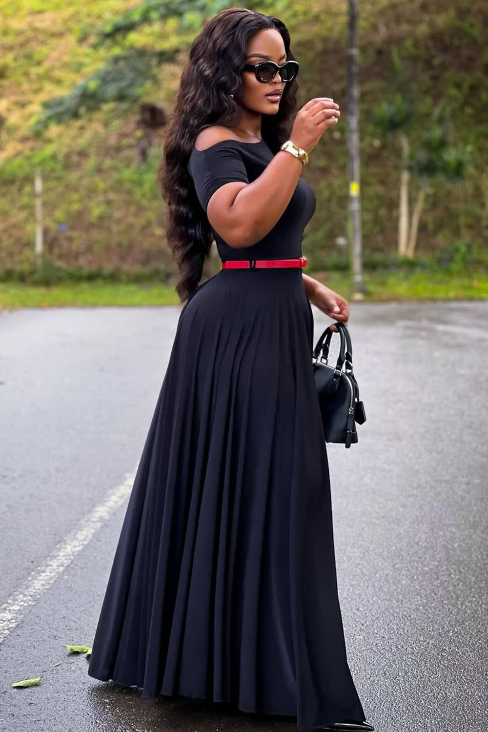 Boat Neck Short Sleeve Solid Flowy Daily Maxi Dresses-Black [Pre Order]