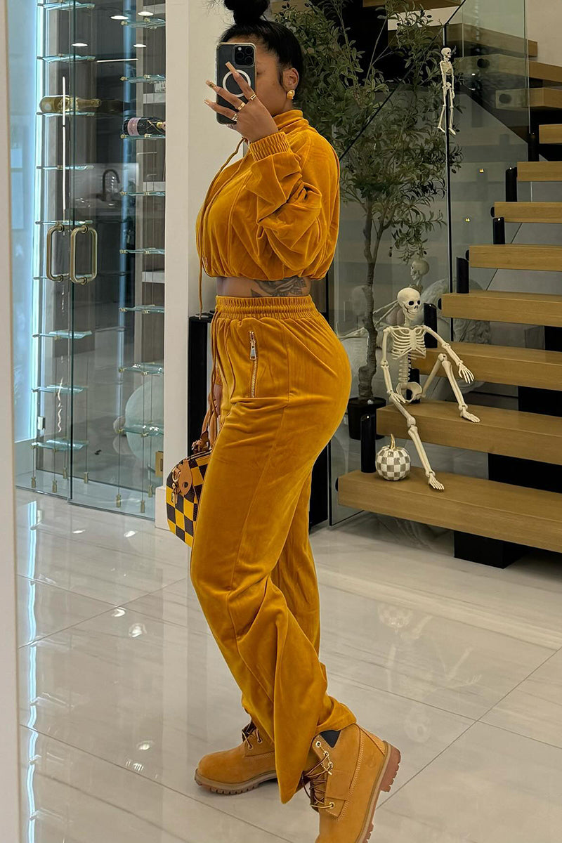 Zipper Jacket Drawstring Quilted Pants Velvet 2pcs Set-Yellow