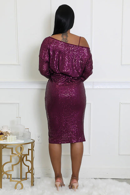 Off Shoulder Skew Neck Long Sleeve Sequin Tie Belt Party Midi Dresses-Beige