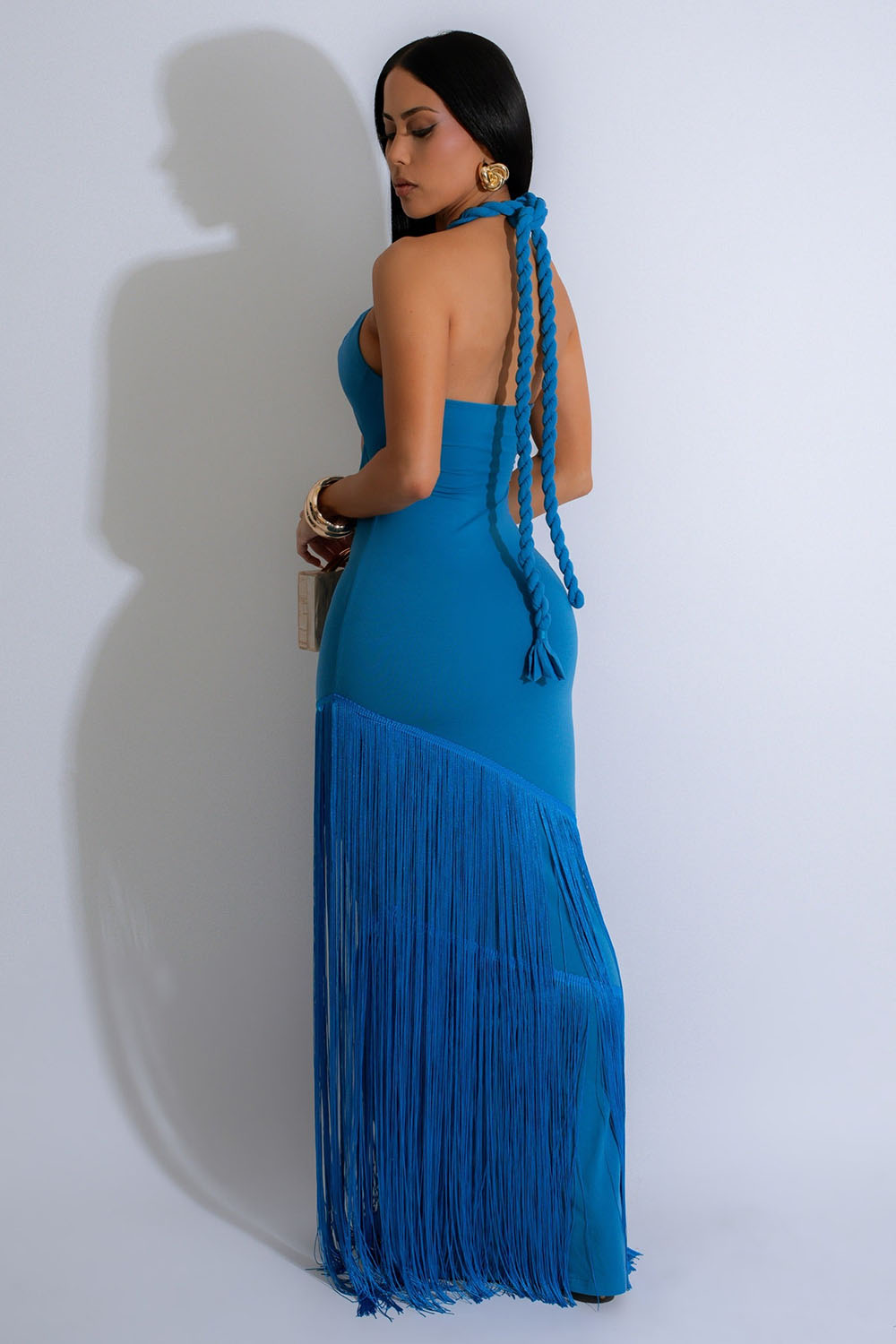 Halter Cutout Asymmetric Fringe Hem Party Maxi Dresses-Blue [Pre Order]