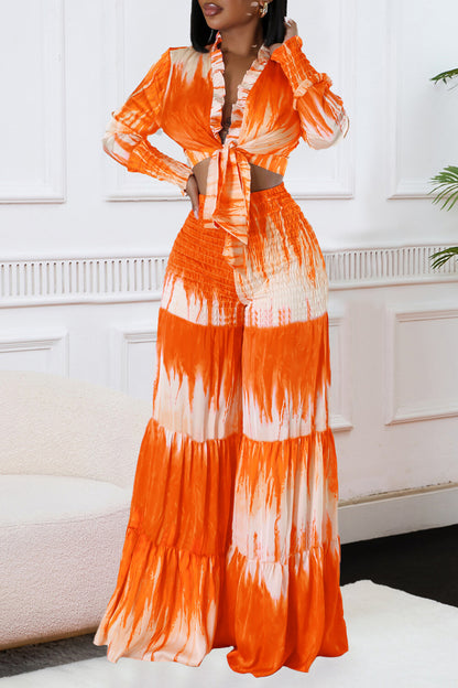 Tie Dye Print Long Sleeve Tie Up Blouse Wide Leg Pants 2pcs Set-Fuchsia