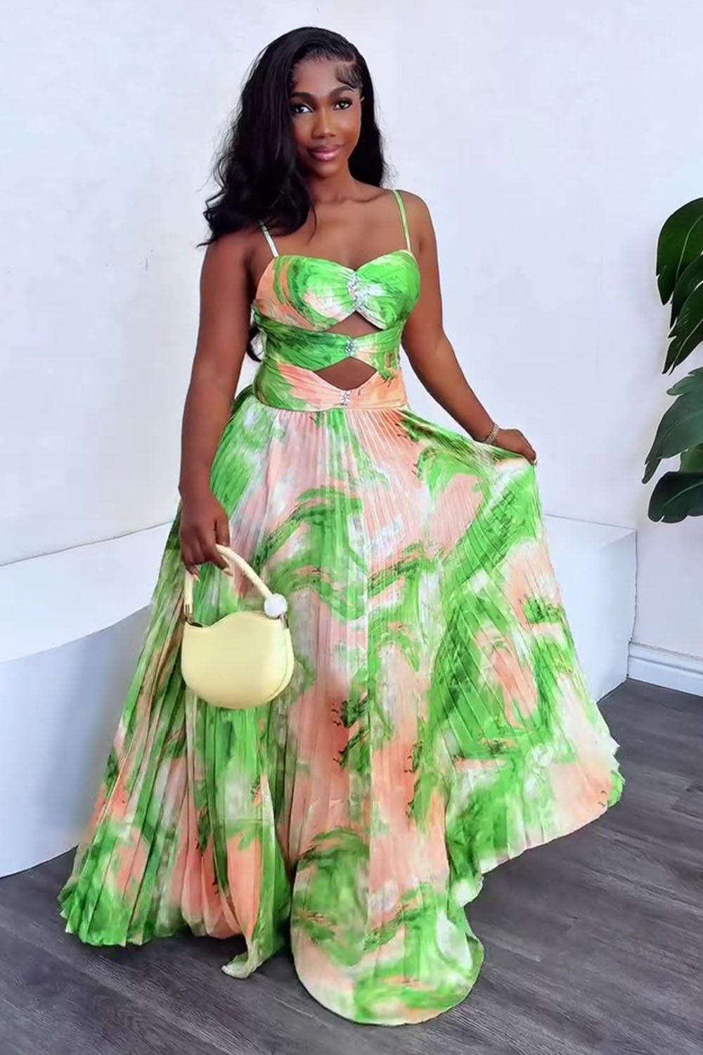 Floral Print Cut Out Pleated Vacation Maxi Slip Dresses-Green [Pre Order]