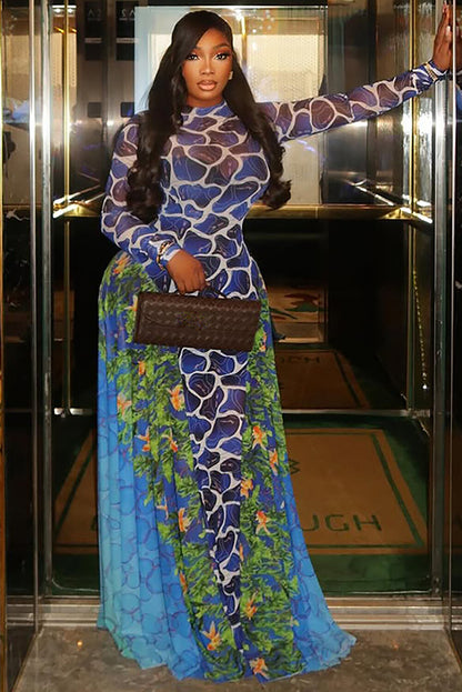Floral Mixed Print Long Sleeve Colorblock Maxi Dresses-Blue