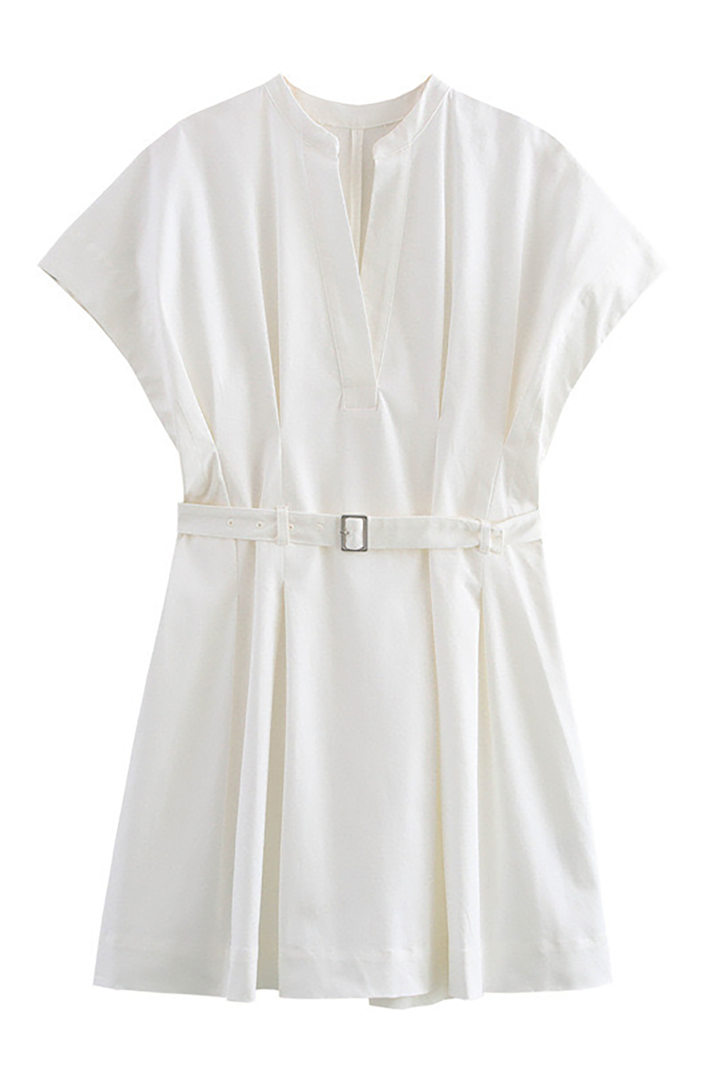 V Neckline Short Sleeve Belted Solid Color A-Line Mini Dresses-Beige