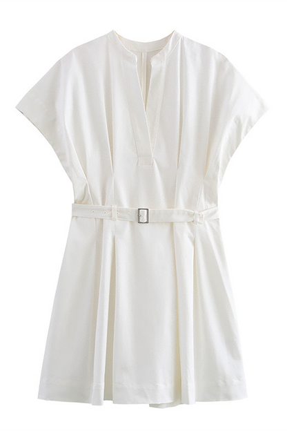 V Neckline Short Sleeve Belted Solid Color A-Line Mini Dresses-Beige