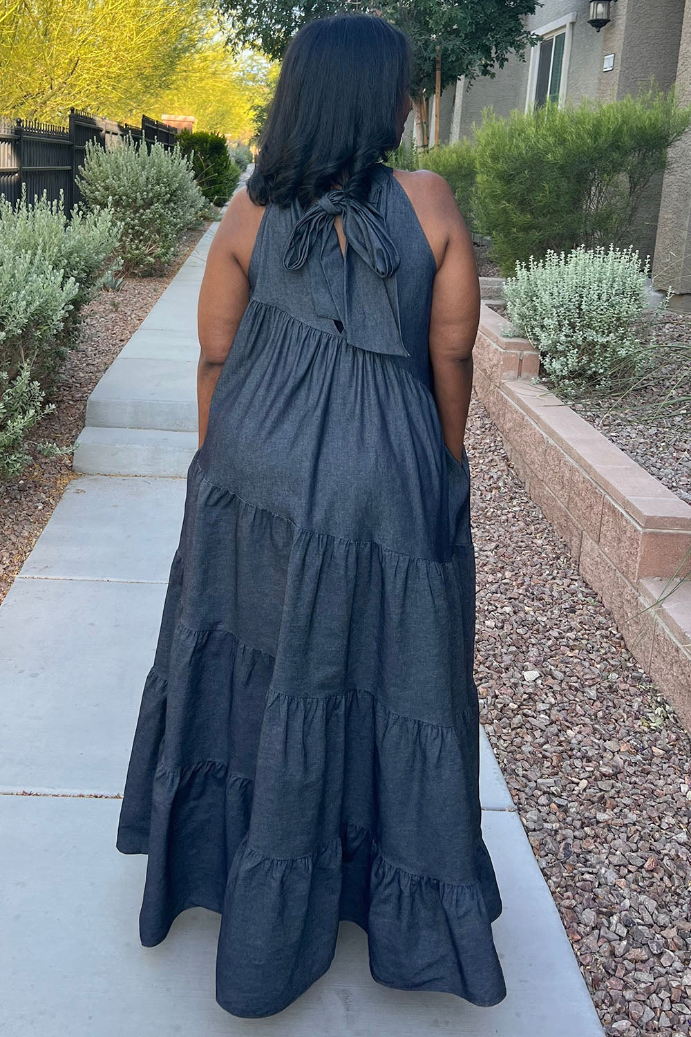 Halter Neck Ribbon Tiered Loose-Fit Denim Maxi Dresses-Blue [Pre Order]